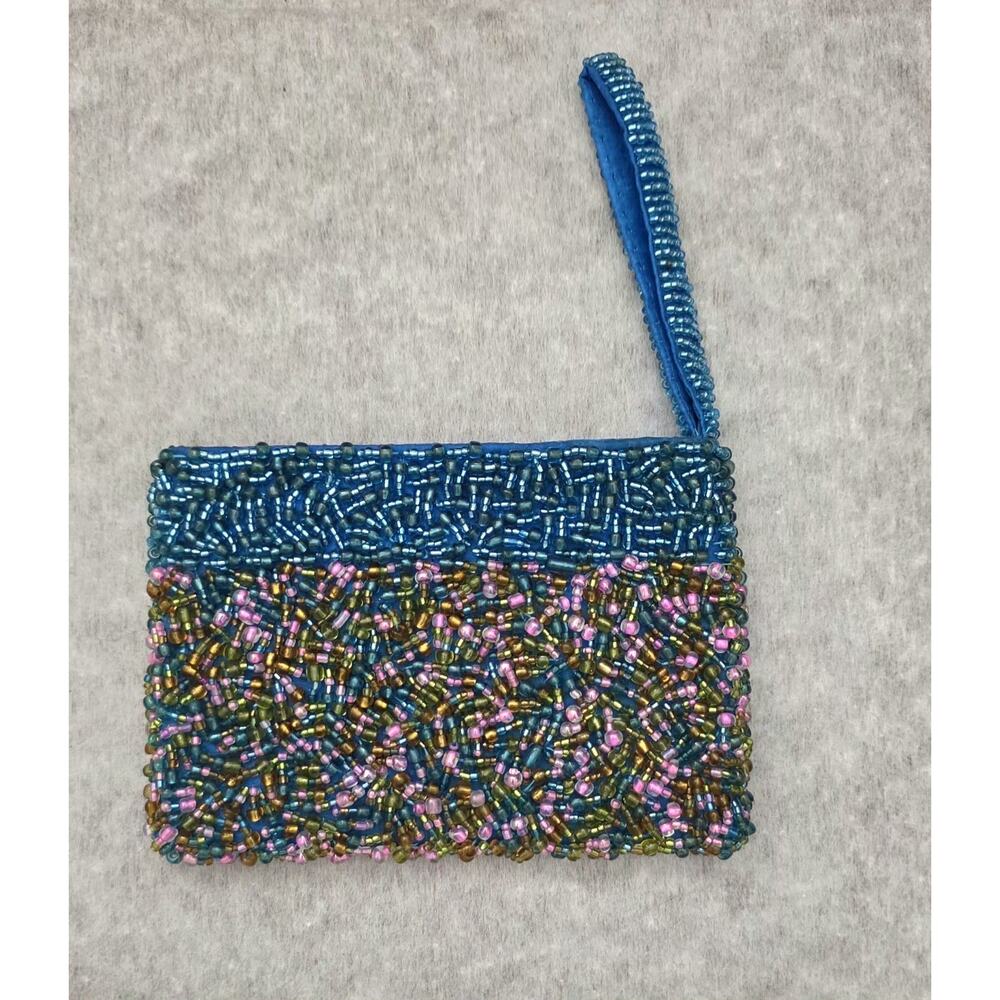 Vintage Hand-Beaded Blue Wristlet Coin Purse | YKK Zipper Boho Iridescent Clutch